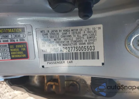 2007 Honda Civic Hybrid from USA, damaged, VIN JHMFA36277S005503